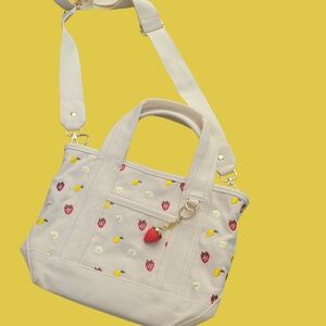 Madden Girl Cream Tote with Strawberry and Floral Embroidery
